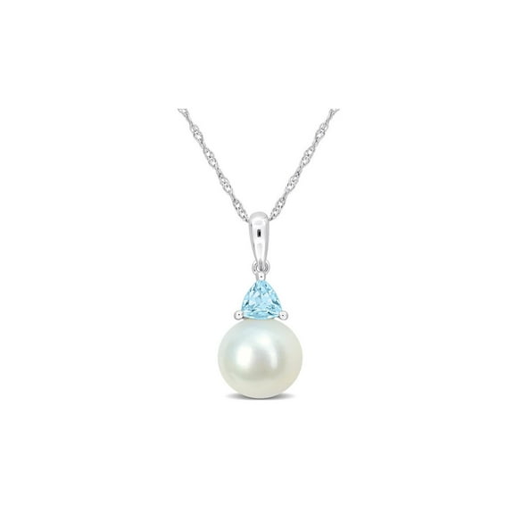 8-8.5mm Freshwater Cultured Drop Pearl Pendant Necklace with Blue Topaz in 10K White Gold with Chain for Women