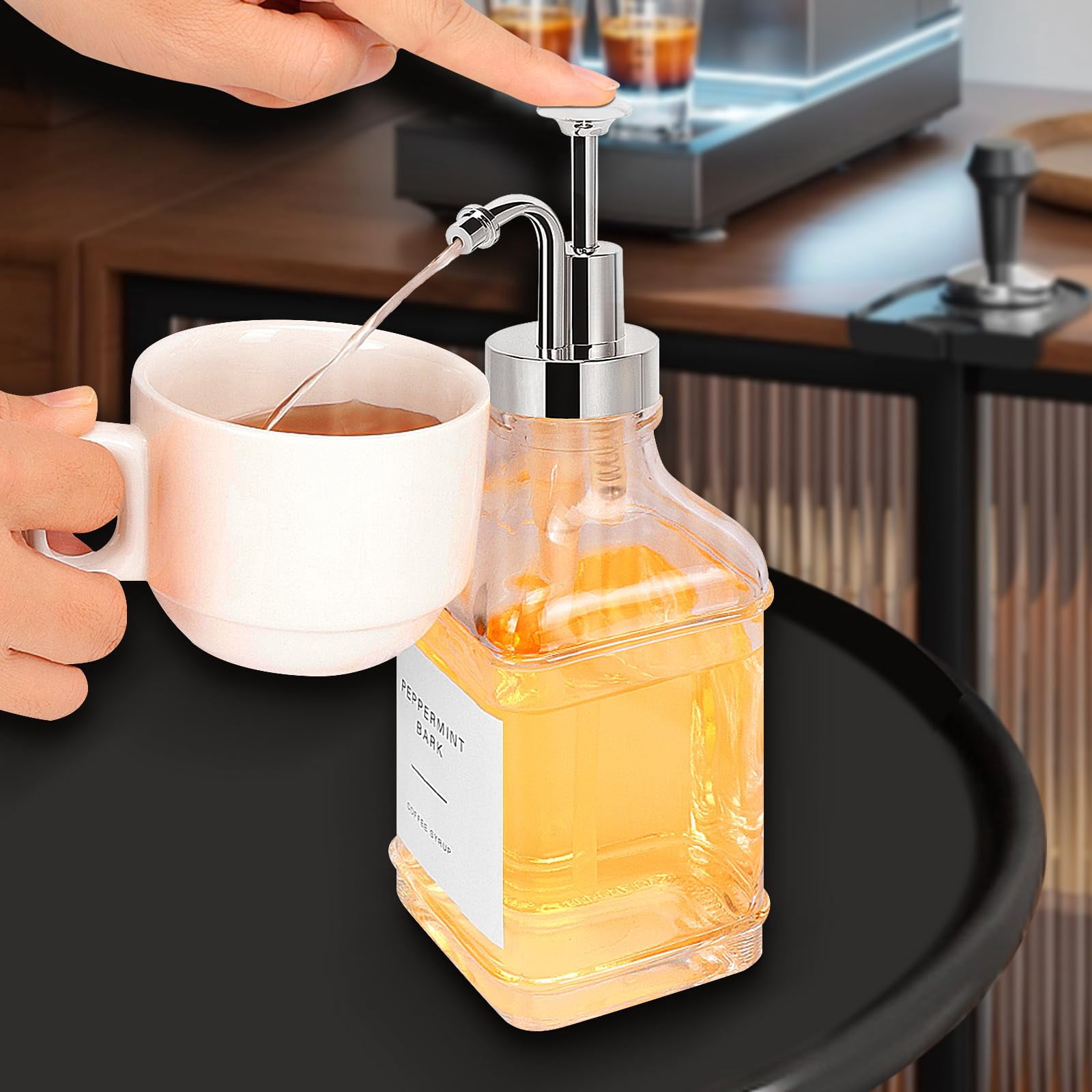 Coffee Syrup Dispenser For Bar  Clear Glass Bottles With Pump Refillable Maple Storage Station Accessories And Organizer 500ml Set Of 2 + Tray (chrome Finish)