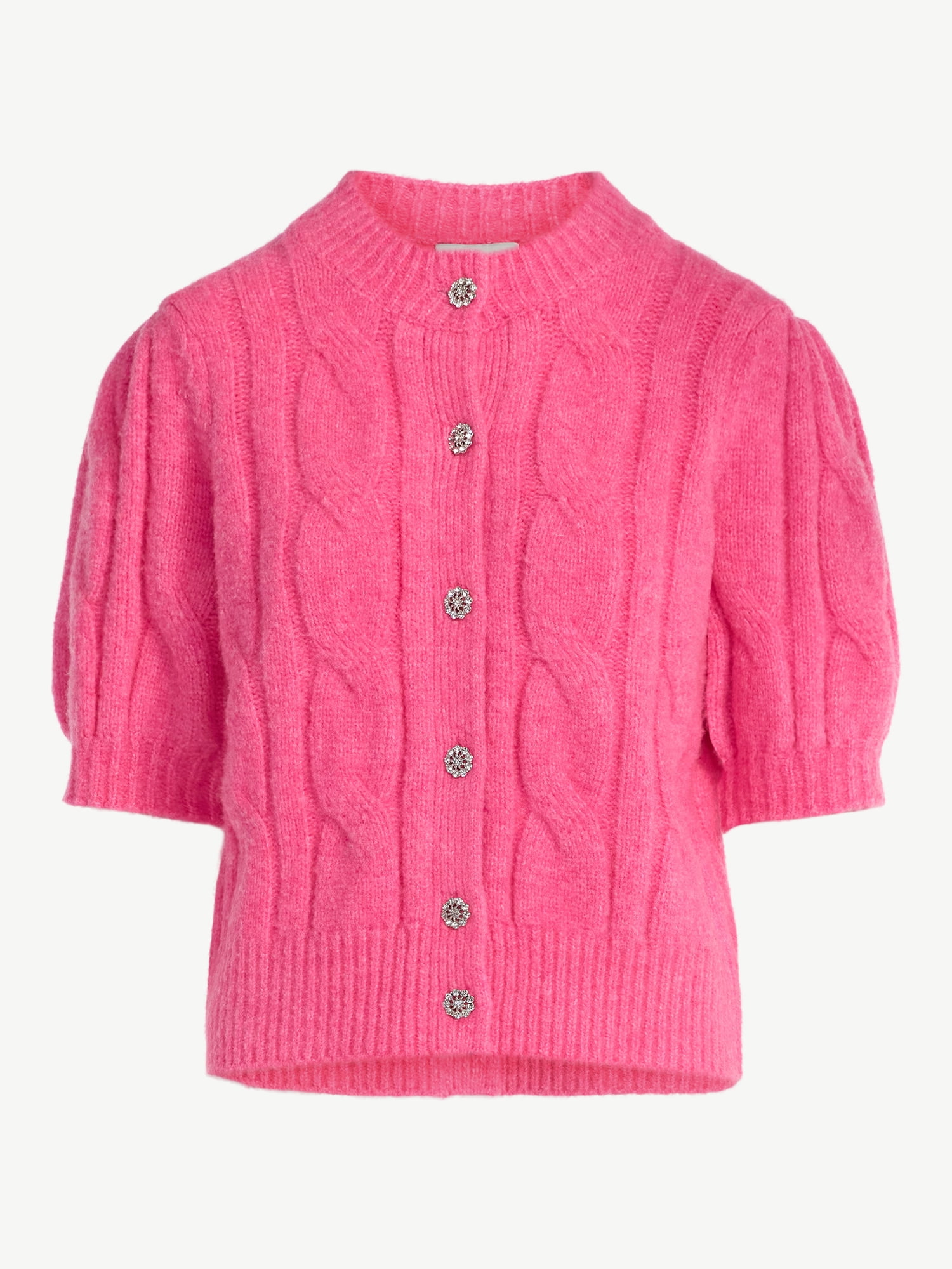 Free Assembly Women's and Women's Plus Cable Cardigan with Short Puff Sleeves, Sizes XS-4X
