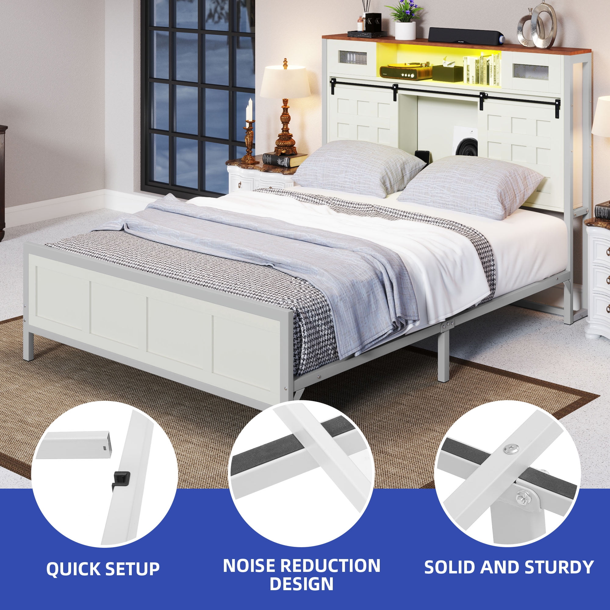 ModFusion Queen Size Bed Frame with Grid Barn Door Headboard Storage, LED Light Strip & USB Ports, White