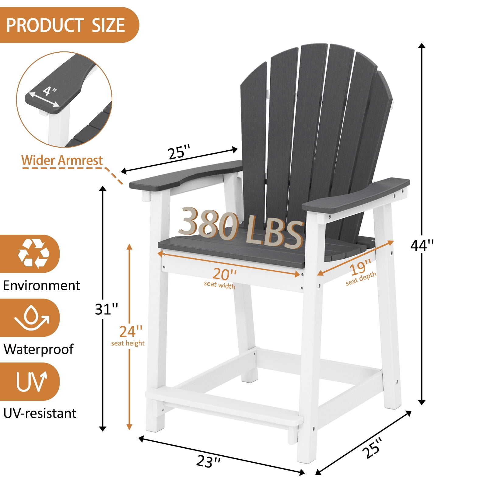 OTSUN Tall Modern Adirondack Chair, All Weather HDPE Bar Height Adirondack Stools Two-Color Widened Durable Design for Porch Patio Yard Lawn Fire Pit Bistro Basement Indoors & Outdoors