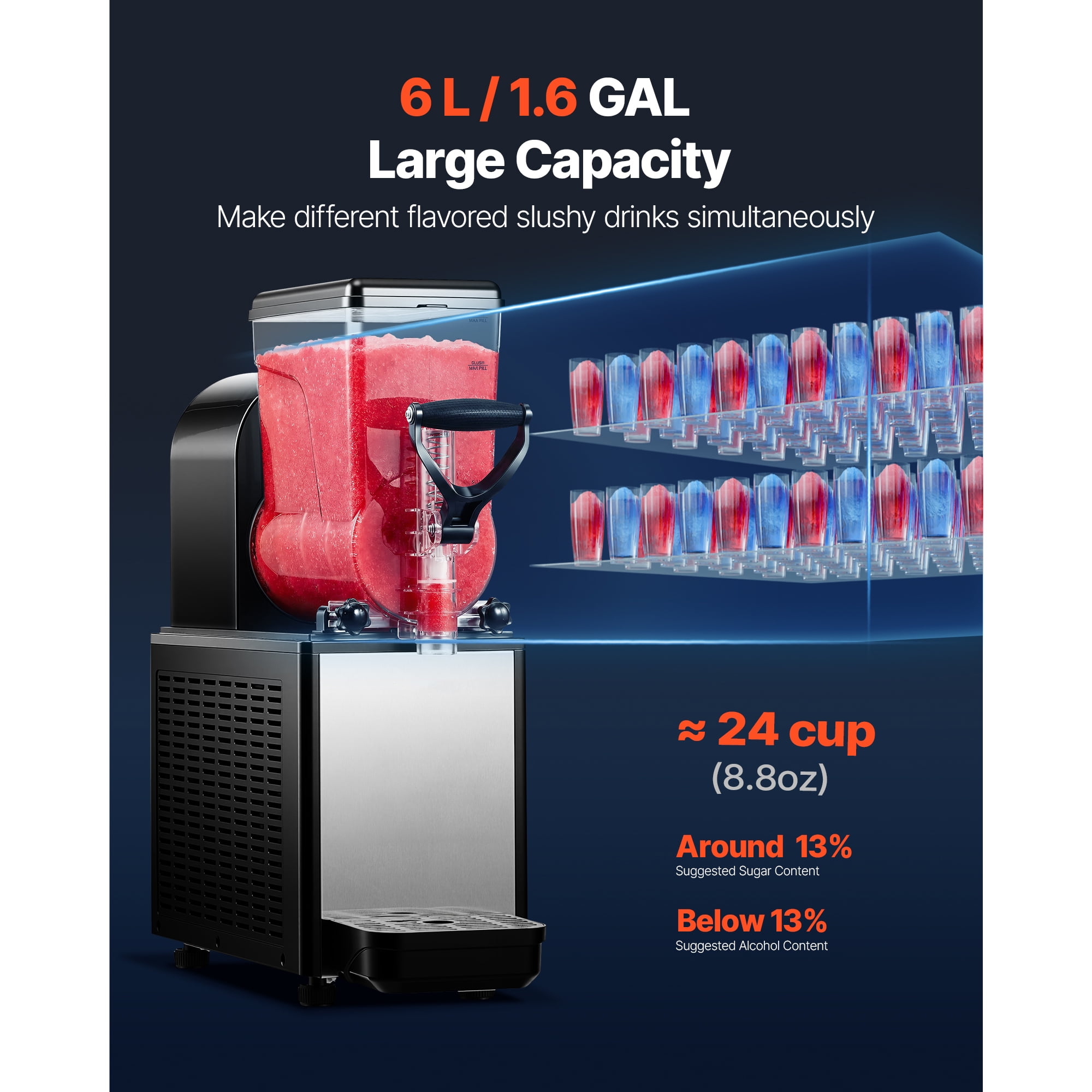 KFFKFF 6L/1.6Gal Commercial Slushie Machine, Frozen Drink Maker with Self-Cleaning Function, Ideal for Restaurants, Bars, and Parties to Prepare Slushies, Margaritas, Milkshakes, and More