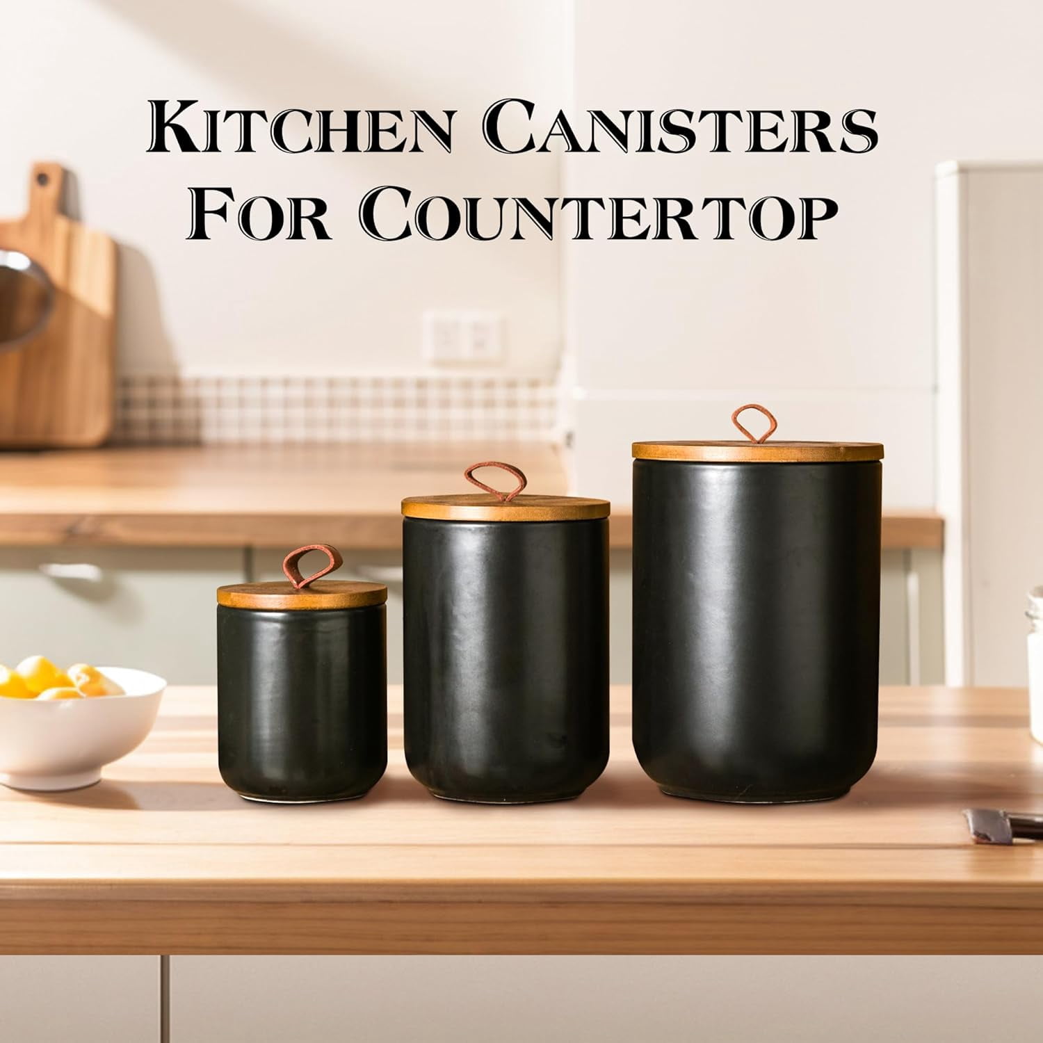 Black Ceramic Canister Set with Wooden Lid, 3-Piece Airtight Food Storage Jars for Kitchen Counter - Flour, Sugar, Coffee, Tea, Spice - Small, Medium, Large Sizes