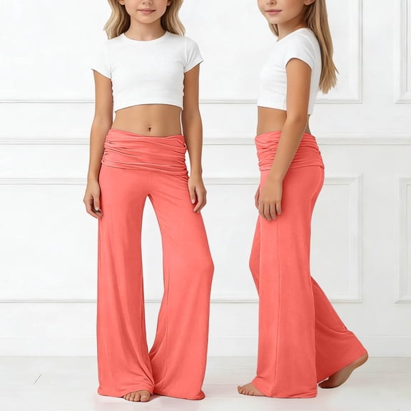 Dwellite Girls Yoga Pants Wide Leg Foldover Flares Athletic High Waisted Bell Bottom Trendy Solid Color Loose Fit Trousers Army Green 120
