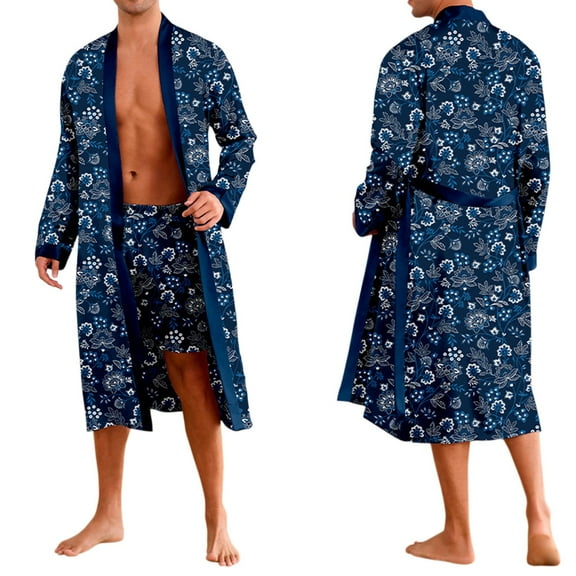 Mens Long Sleeve Bathrobe with Shorts Set 2 Piece Silk Robe Lounge Wear Pjs Sets Lightweight Pajamas Sleepwear Navy, 2XL