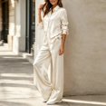 thumbnail image 5 of Xinoom Women's 2 Piece Satin Matching Set, Lapel Button Down Shirt & Drawstring Wide Leg Pants, Elegant Casual Outfit, Gift for Ladies, Dinner Gathering Beige,L, 5 of 8