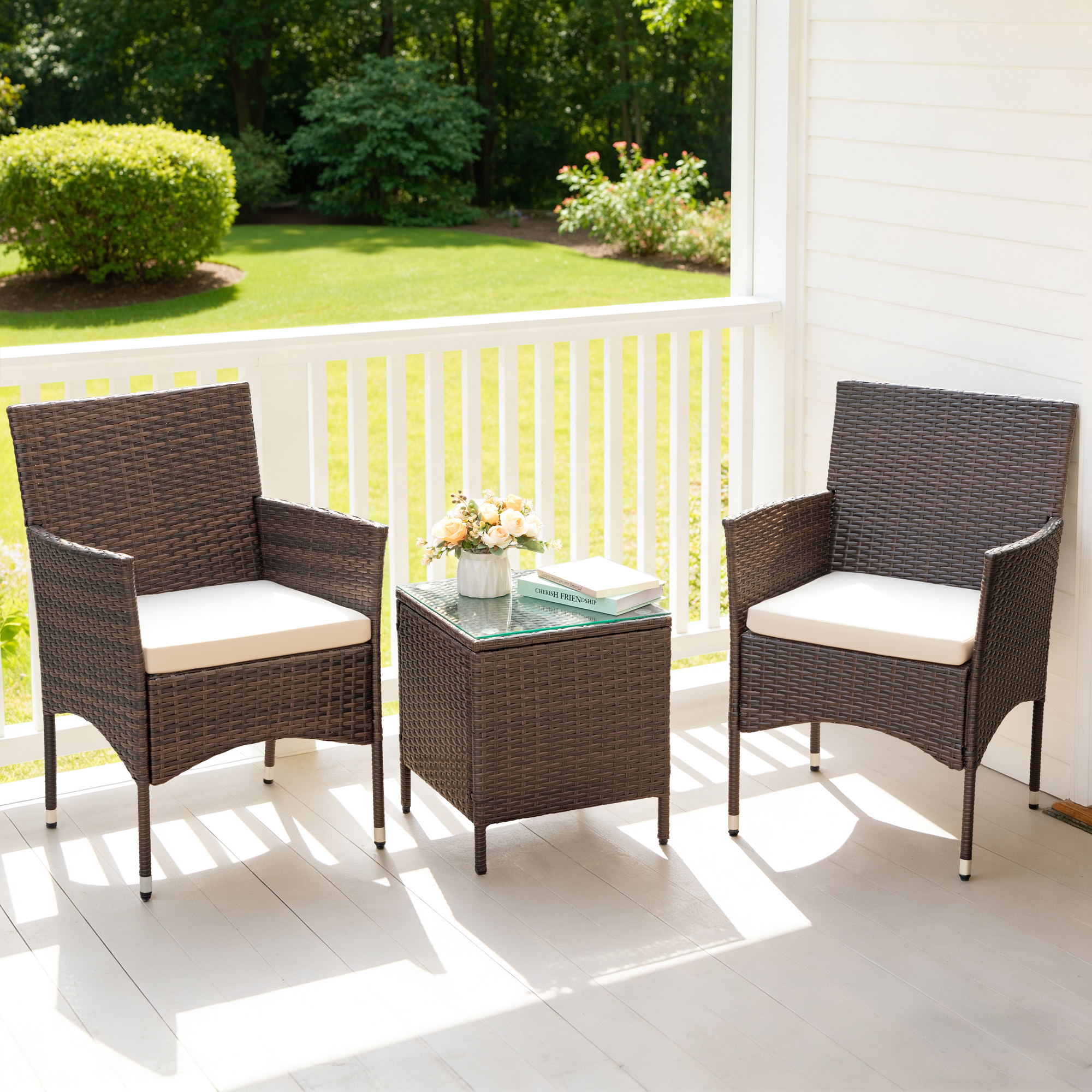 Lacoo 3 Pieces Outdoor Patio Furniture Gray PE Rattan Wicker Table and Chairs Sets Bar Set with Cushioned Tempered Glass , Brown/ Beige