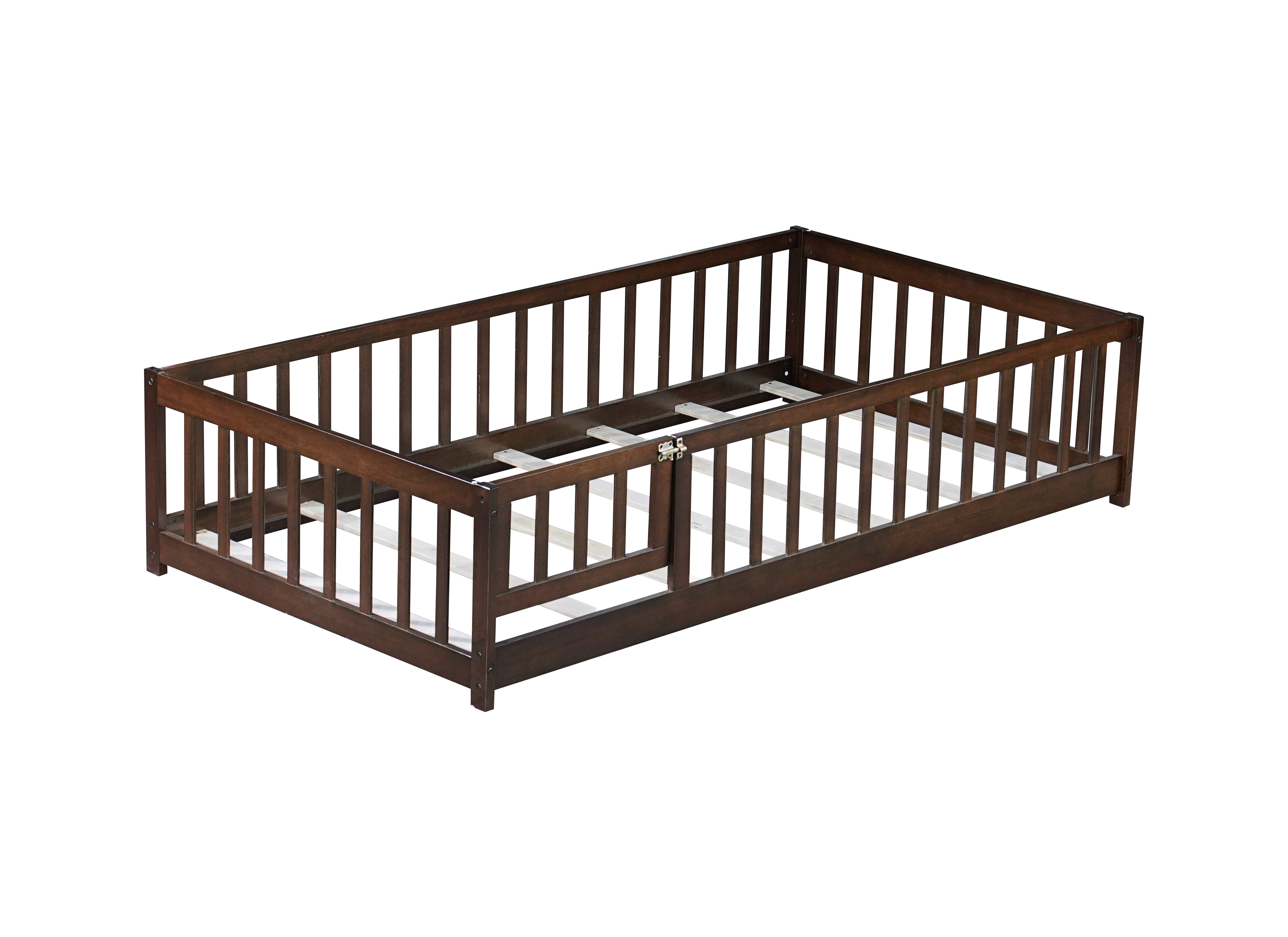 Mintazer Twin Floor Bed with Fence and Door, Montessori Bed with 17.5" Safety Guardrails for Kids Girls Boys, Coffee