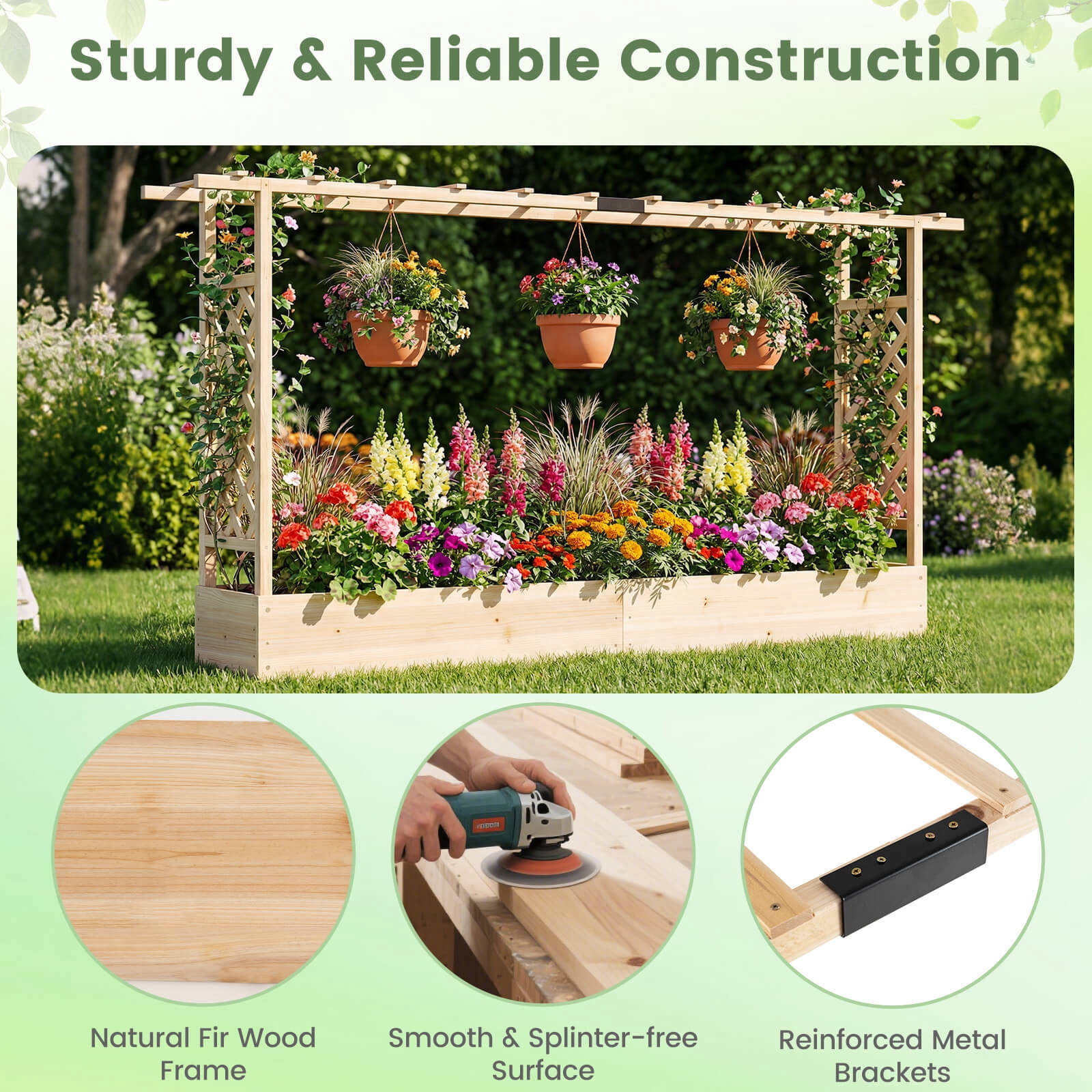 Costway 1 PCS Wooden Raised Garden Bed with Trellis & Hanging Roof, Drainage Holes for Flowers Natural