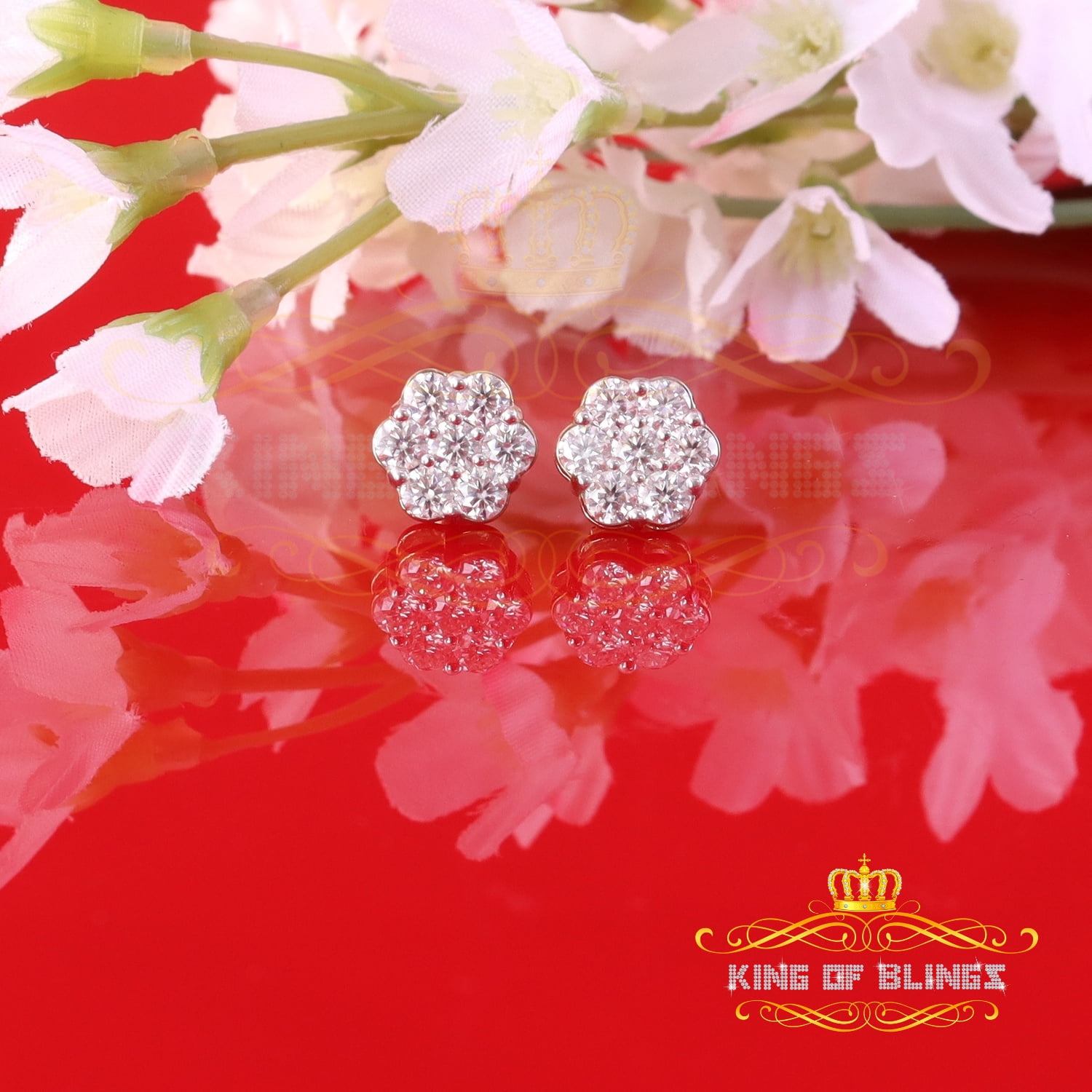 King of Bling's Men's/Womens 925 Silver Yellow 1.66ct VVS 'D' Moissanite Floral Stud Earrings