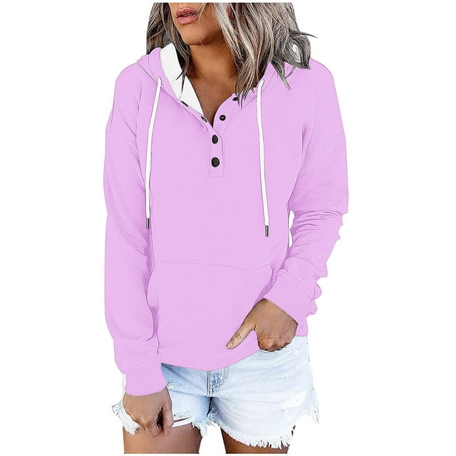Women's Contrast Color Long Sleeve Hooded Sweatshirt Pullover Top Casual Button Front Drawstring Pocket Comfortable Winter Loose