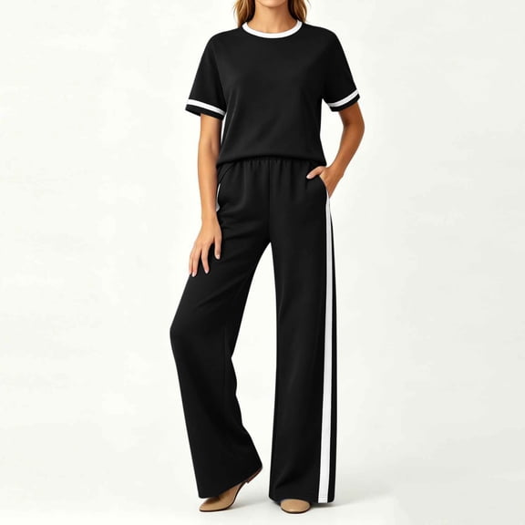 Athletic Outfit Sets 2 Piece Women Solid Contrast Trim Short Sleeve Top Side Stripe Wide Leg Pants Black L
