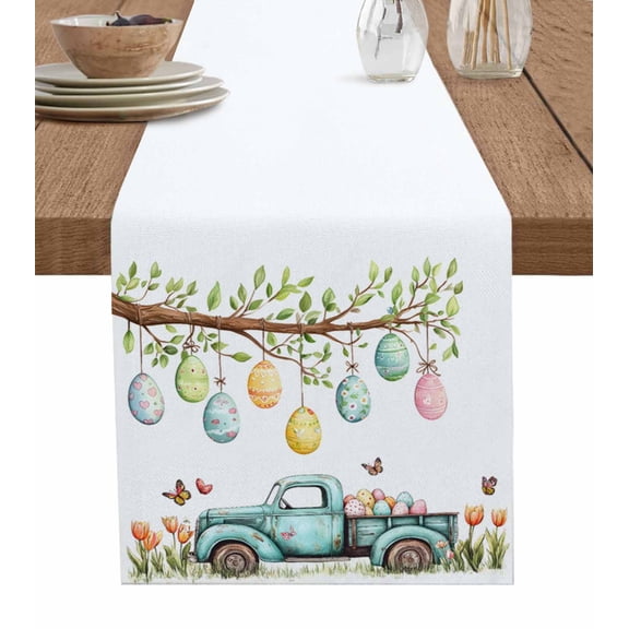 Easter Eggs Table Runner 72 Inches, Watercolor Spring Truck Floral Butterfly Bed Runner Dresser Scarves Tabletop for Indoor Outdoor Parties/Ceremony/Banquet, 13" x 72"