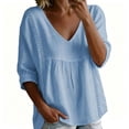 thumbnail image 2 of Long Sleeve Shirts for Women V Neck Peplum Blouse Side Lace Panel long Cuffed Sleeve Loose Casual Top Blue M, 2 of 6