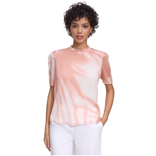 Calvin Klein Womens Pleated Collar Puff Sleeve Ruffled Blouse, pink, M
