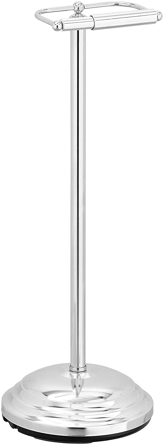 MyGift Silver Free Standing Toilet Paper Holder, Chrome-Plated Metal Heavy Weighted Tissue Stand, Classic Bathroom Single Roll Dispenser Stand with Round BaseMyGift Silver Free Standing Toilet Paper