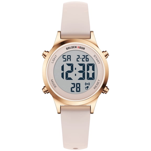 GOLDEN HOUR Waterproof Women's Digital Sports Watches with Silicone Strap, Alarm Calendar Stopwatch Chronograph 32mm Rose Gold Case