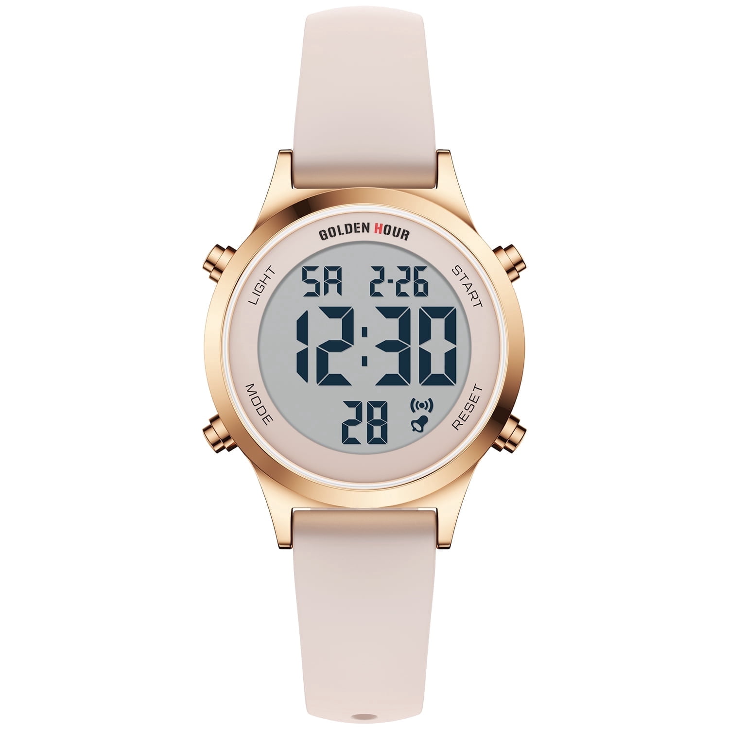 GOLDEN HOUR Waterproof Women's Digital Sports Watches with Silicone Strap, Alarm Calendar Stopwatch Chronograph 32mm Rose Gold Case