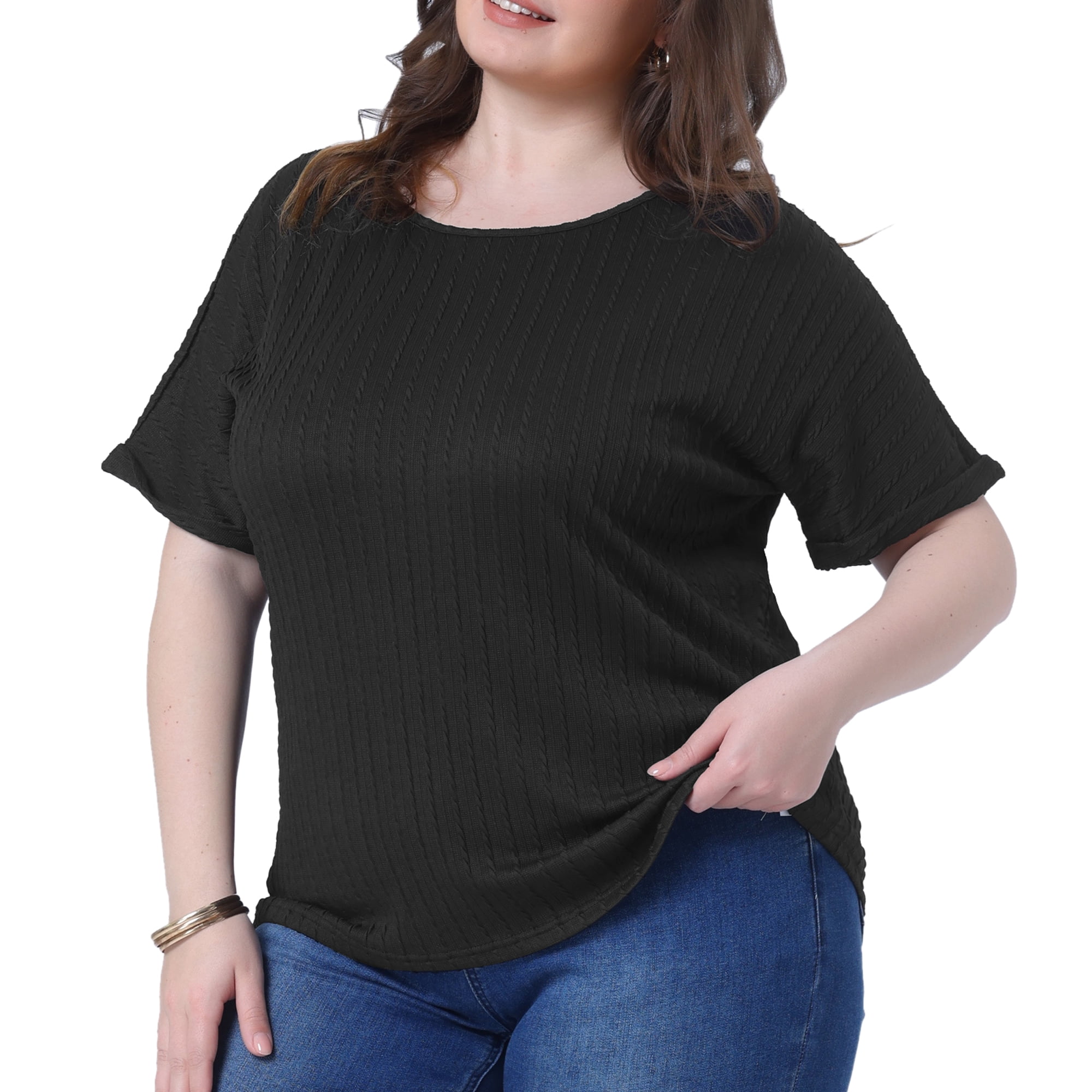 DARING DIVA Women's Plus Textured Rolled Sleeve Tee Crew Neck Blouses 2X Black