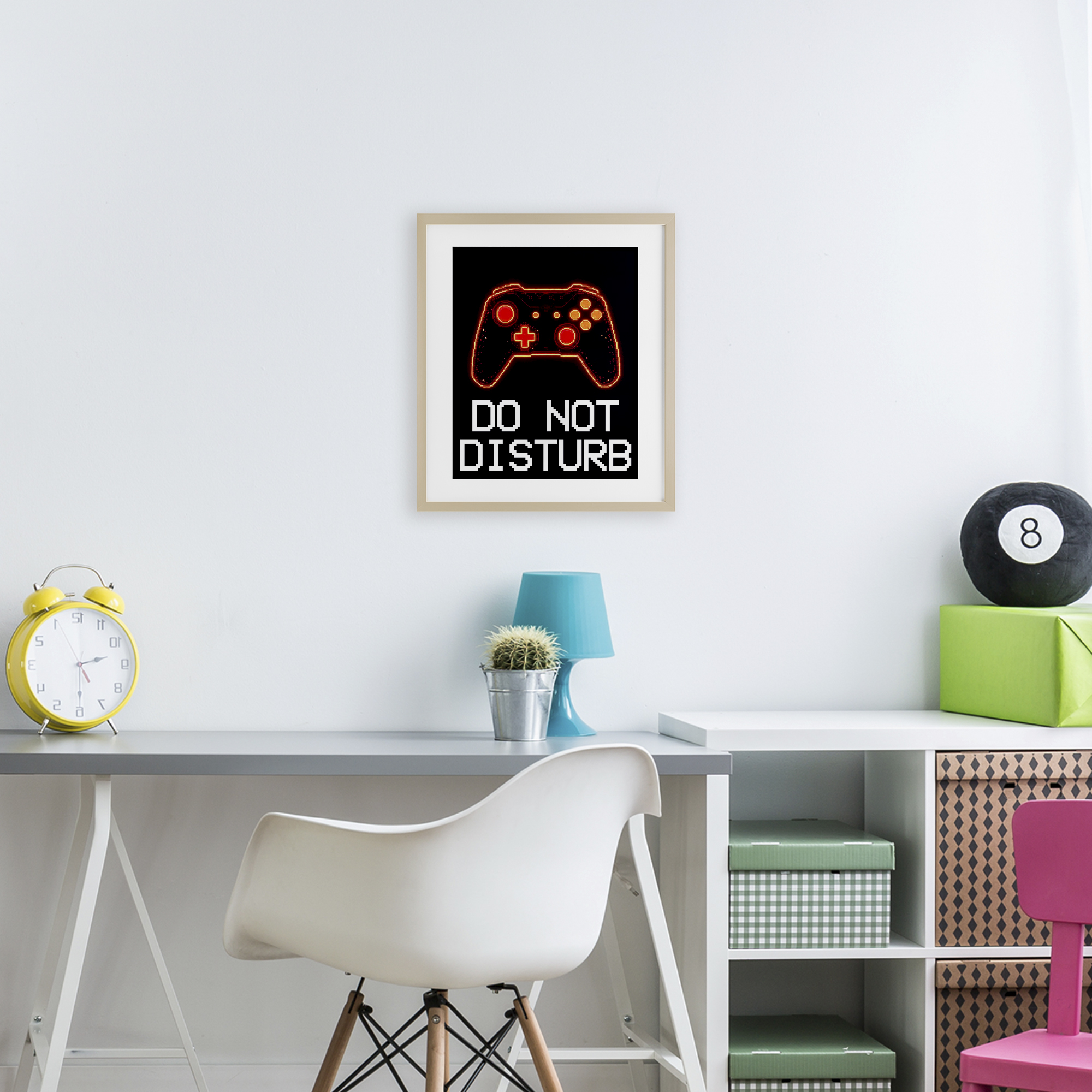 Do Not Disturb Neon Control Birch Framed Print Under Glass, design by Kim Allen