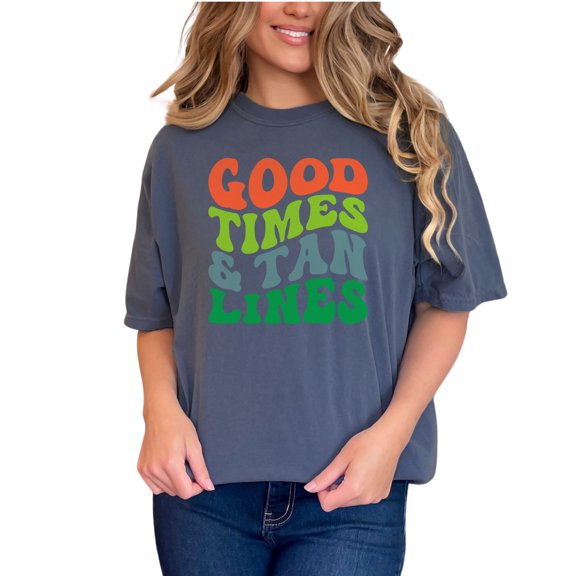 Good Times & Tan Lines, Summer, Ocean, Sea or Beach Themed, Groovy Retro Wavy Text, Denim Comfort Colors T-Shirt, Small