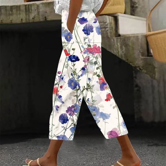 Zysthvn Summer Women Capri Pants Cropped Straight Leg Floral Women Pants Casual Loose with Pockets Drawstring