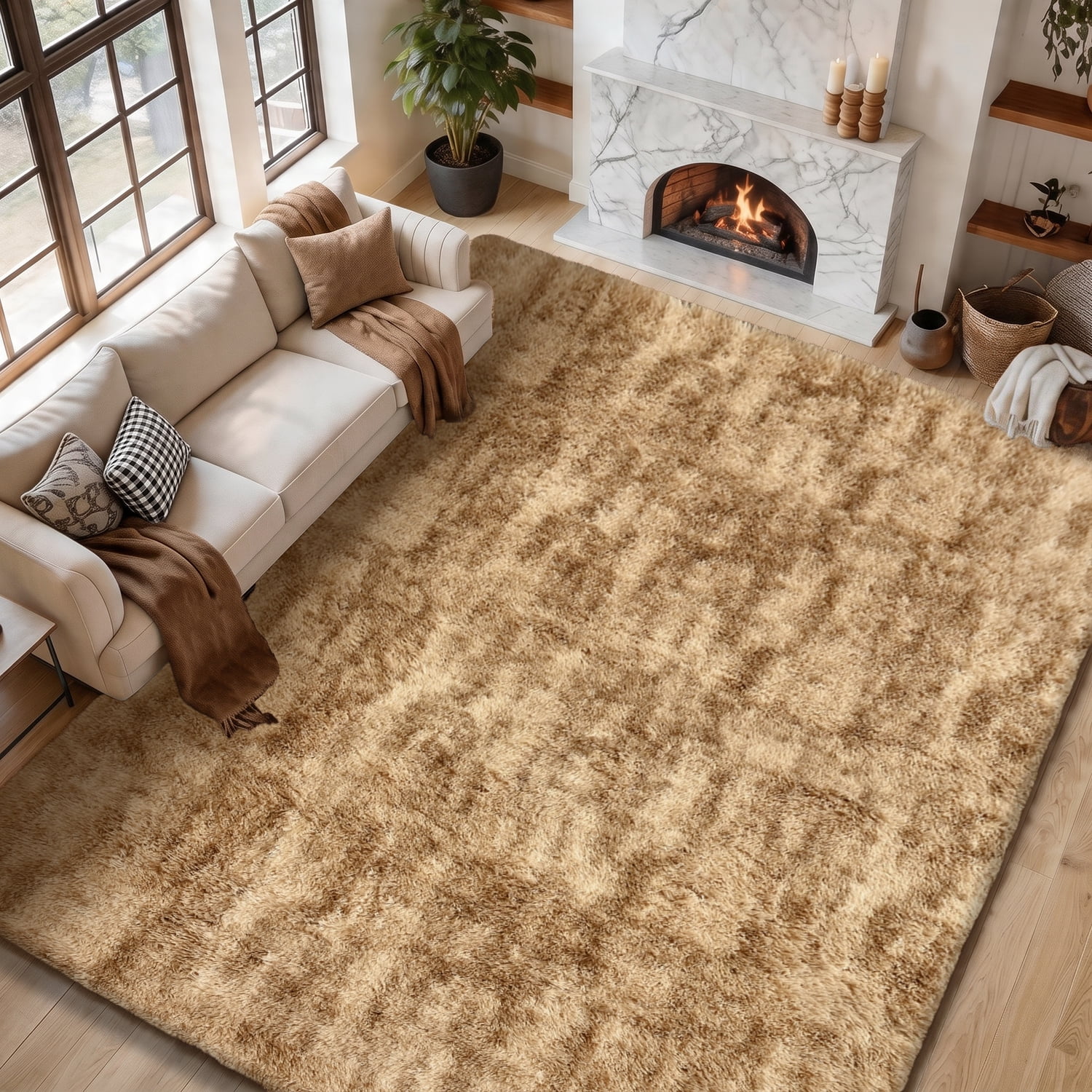 Pentantan 5ft x 8ft Shag Area Rug, Soft Fluffy Rugs for Living Room Bedroom, Modern Tie-dye Home Carpet, Camel