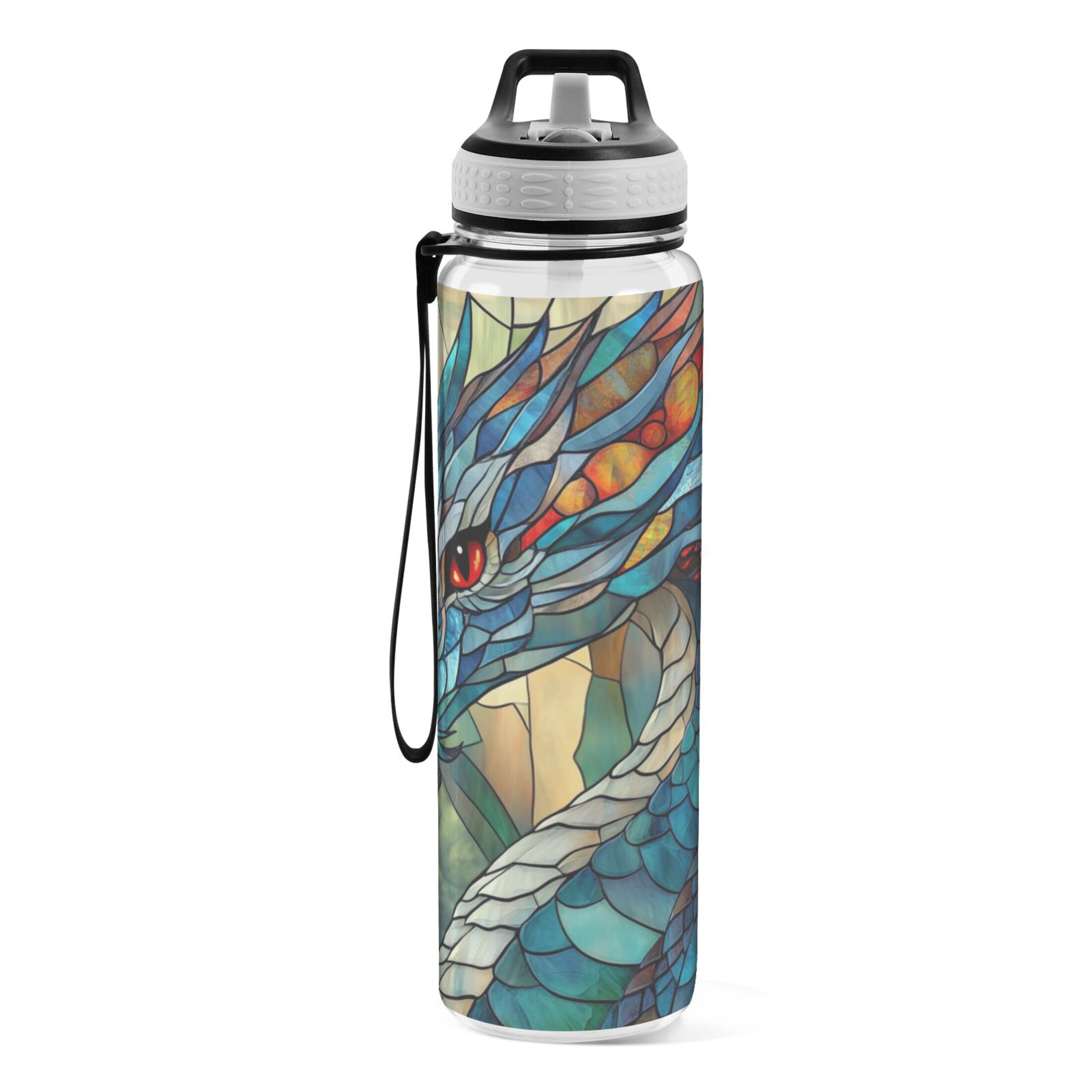 32oz Transparent Sports Water Bottle with Straw for Kids Adults Outdoor School Gym Fitness Stained Glass Dragon
