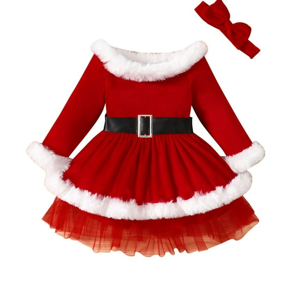 GYRATEDREAM Toddler Baby Girls Velvet Christmas Dress Santa Claus Xmas Outfit Furry Tulle Tutu Dress with Headband Winter Warm Clothes Red for 12M-5T