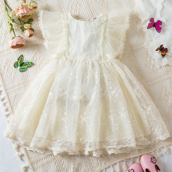 Wavsuf Girls Dresses Special Occasion Formal Crew Neck Ruffled Nets Bow Lace Tulle Beige Princess Dress Size 2-3 Years