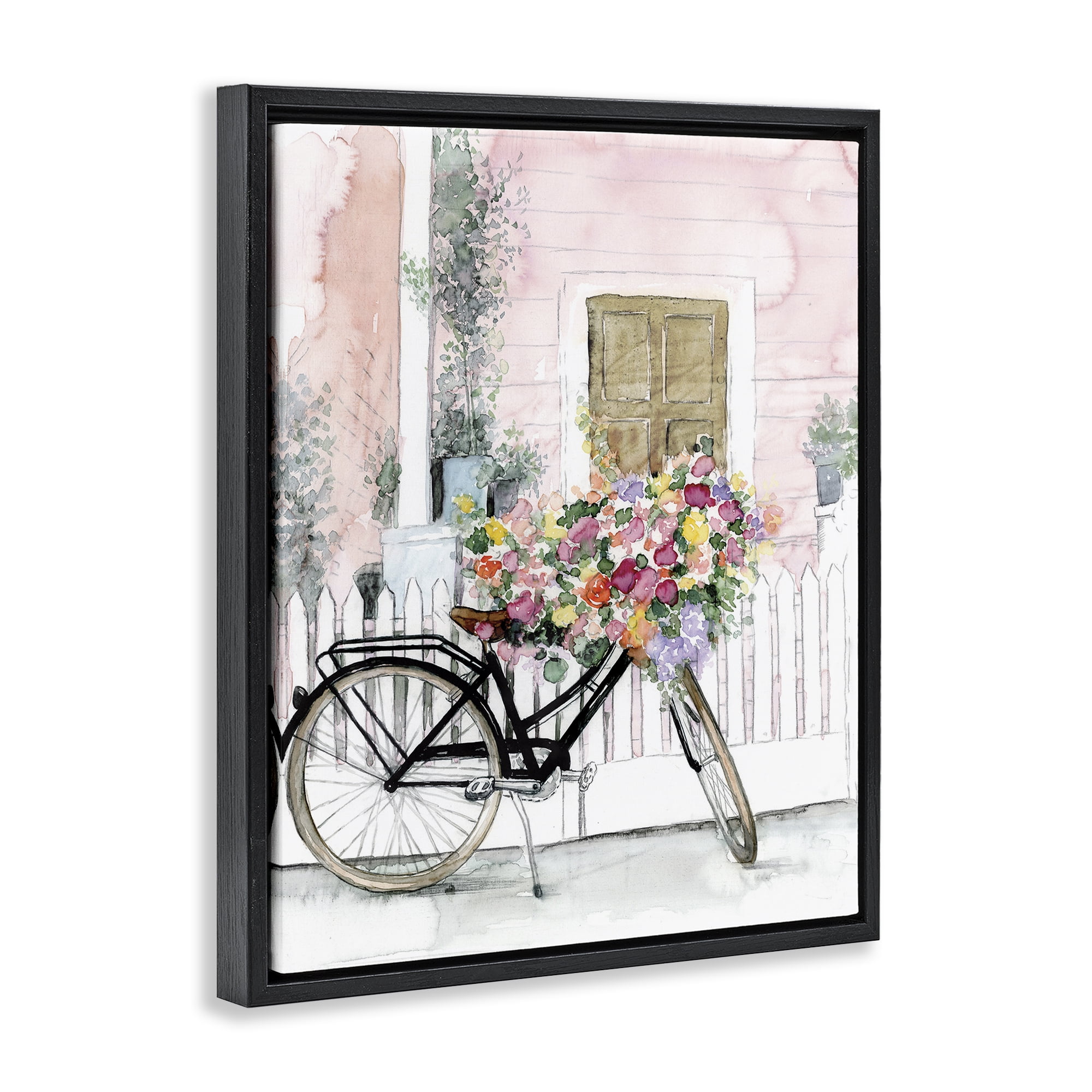 Stupell Industries Watercolor Bicycle Bouquet Botanical & Floral Painting Black Floater Framed Art Print Wall Art, 17 x 21