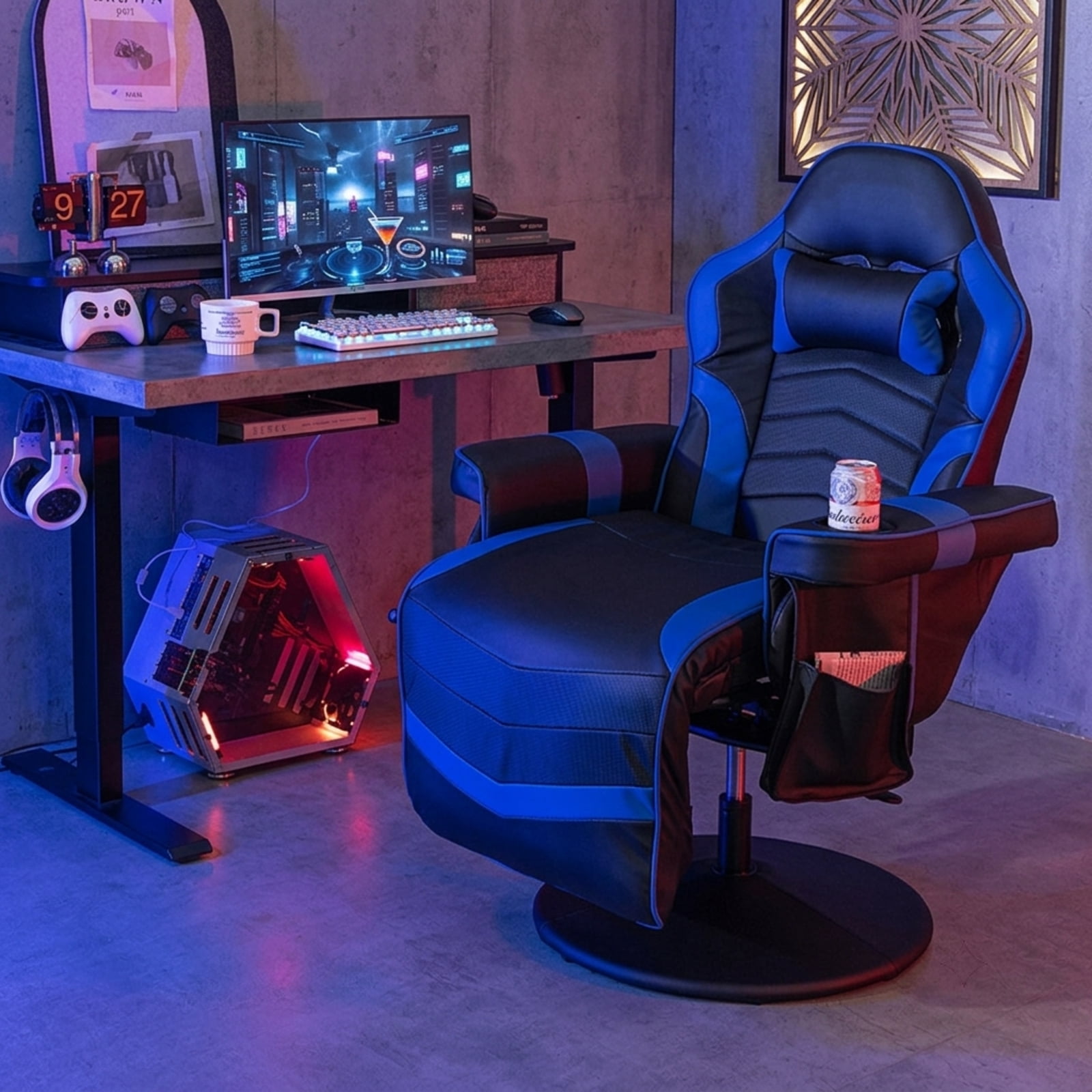 Furnibear Massage Video Gaming Recliner with Reclining Backrest Retractable Footrest Adjustable Height and Side Pocket for Gaming and Office, Blue