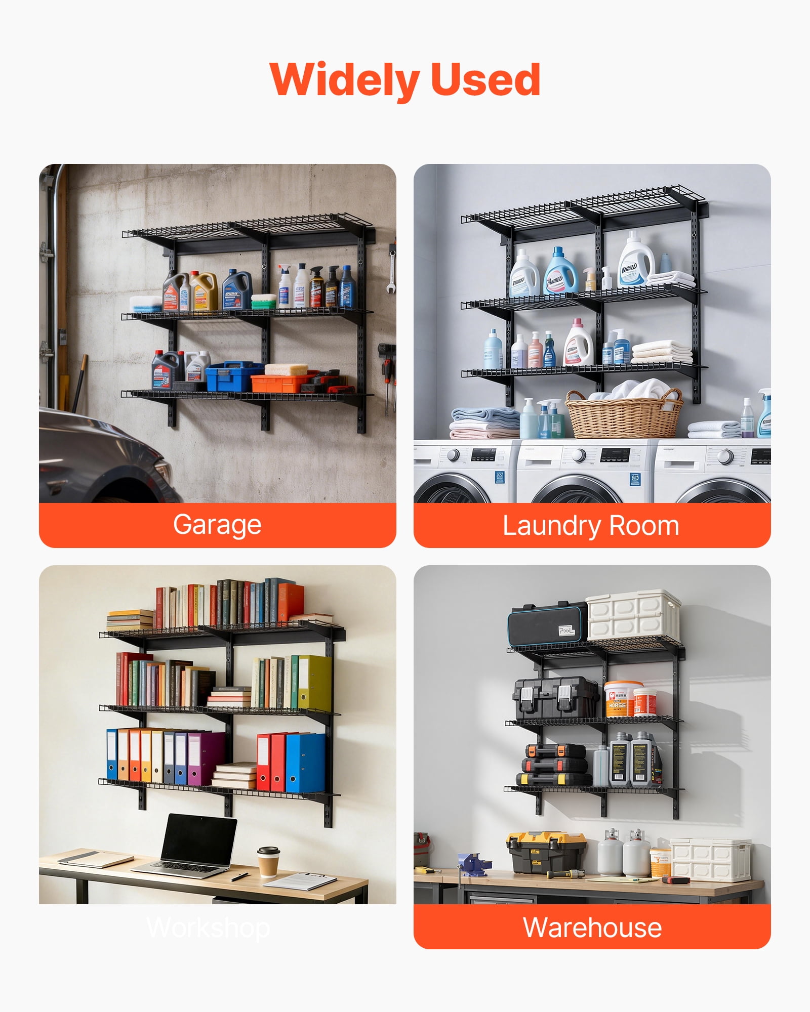 VEVOR 3-Tier Heavy Duty Wall Garage Shelving, 0.9 x 3 ft Steel Wall Mounted Shelving Unit, 11 x 36 Inch Per Shelf Floating Storage Metal Rack for Garage with 450 lbs Total Weight Capacity, Black