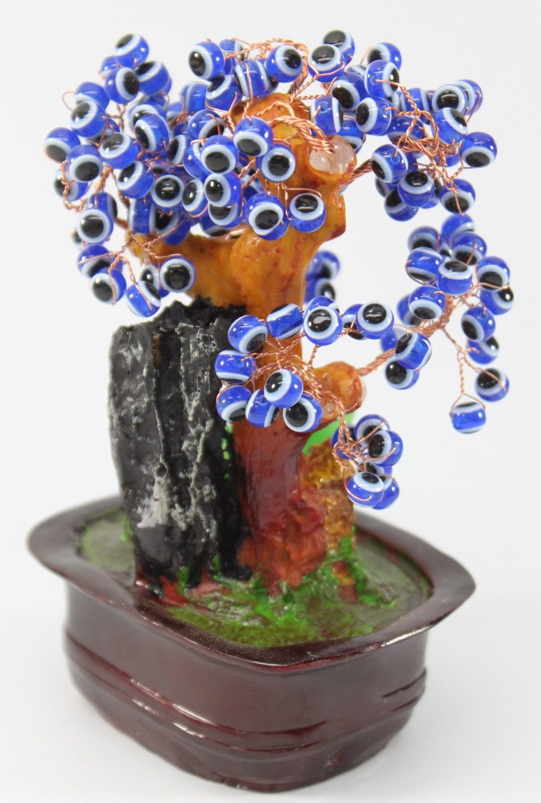 D13460 Feng Shui Blue Cat's Eye Gem Stone Wealth Lucky Tree Gift & Home Decor