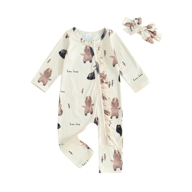 Sylvamorning Newborn Baby Girls Footless Rompers Cute Bunny Print Long Sleeve Ruffle Zipper Jumpsuit with Bow Headband Infant Spring Fall Outfit 3M 6M 9M 12M