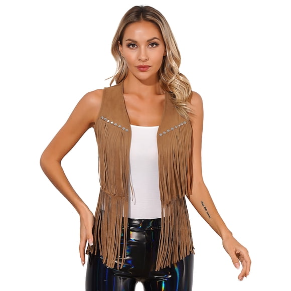 Aislor Womens Cowboy Cowgirl Western Suede Leather Tassel Sleeveless Vest Jacket Gothic Waistcoat Coat Brown S