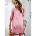 thumbnail image 4 of Women Casual Beach Summer Dress Boho Tassel Tie Neck 3/4 Long Sleeve Short Floral Print Flowy Cover Up Sundresses Pink L, 4 of 6