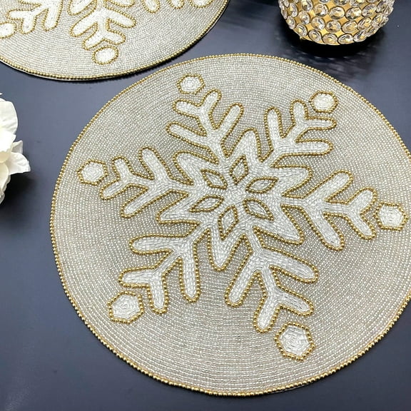 Set of 6, Christmas snowflakes placemat, handmade beaded, Silver and gold, 14inch