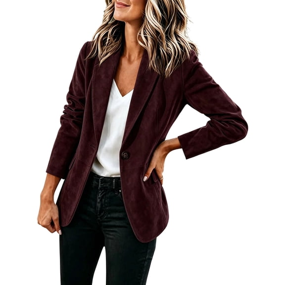 SuTry Women's Suede Blazer, Button Front Notched Lapel Coat, Padded Shoulder Long Sleeve Jacket with Pockets, Everyday Versatile Fall Winter Layer