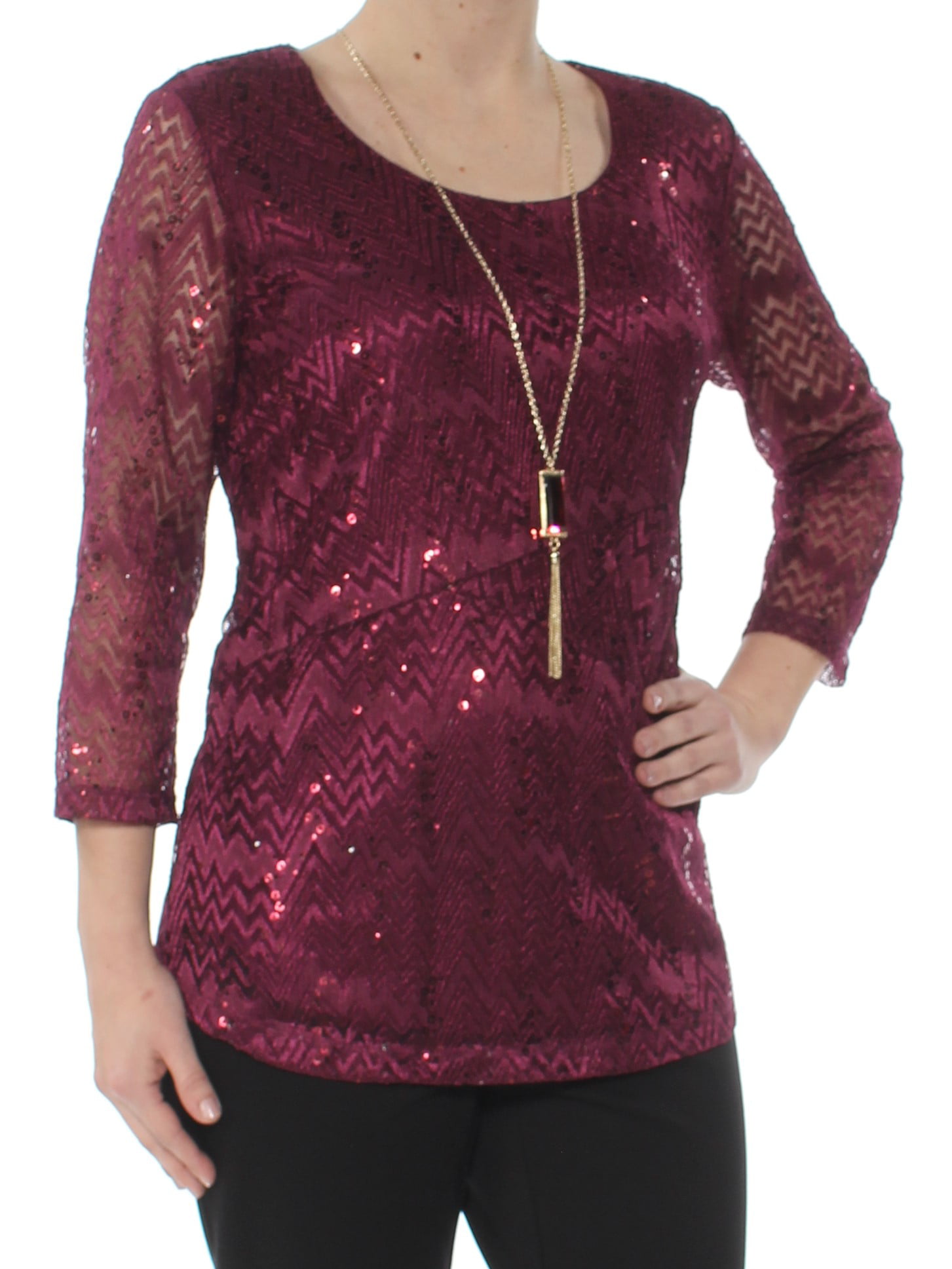 JM Collection - JM COLLECTION Womens Purple Lace Sequined 3/4 Sleeve ...
