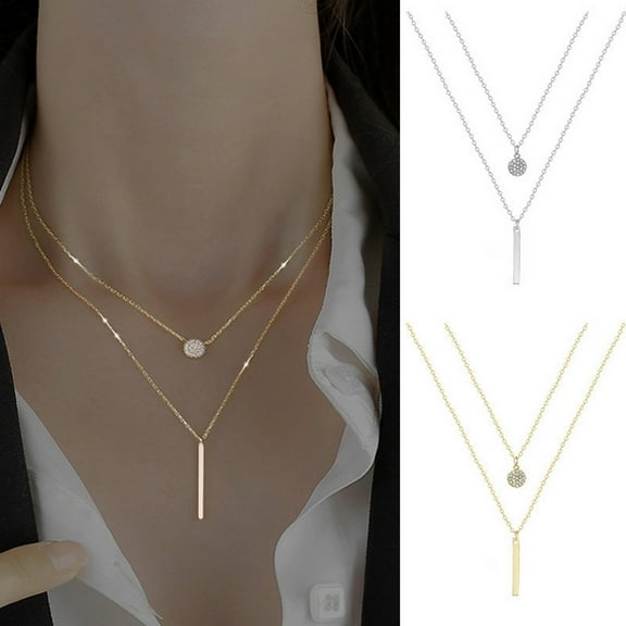 Eoperou Women Necklace Smooth Double Layers Rhinestone Decor Round Pendant Hollow Chain Stainless Clavicle Necklace Neck Decoration Jewelry