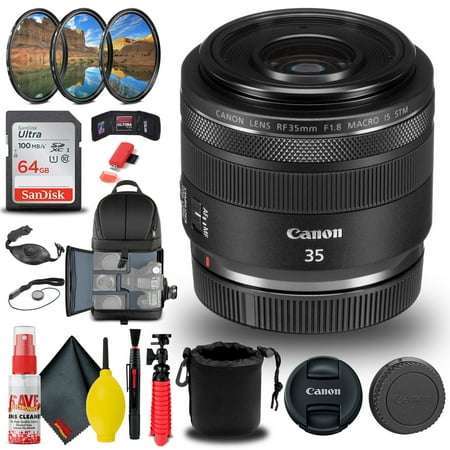Canon RF 35mm F/1.8 IS Macro STM Lens (2973C002) + Filter Kit + BackPack + More (International Version)