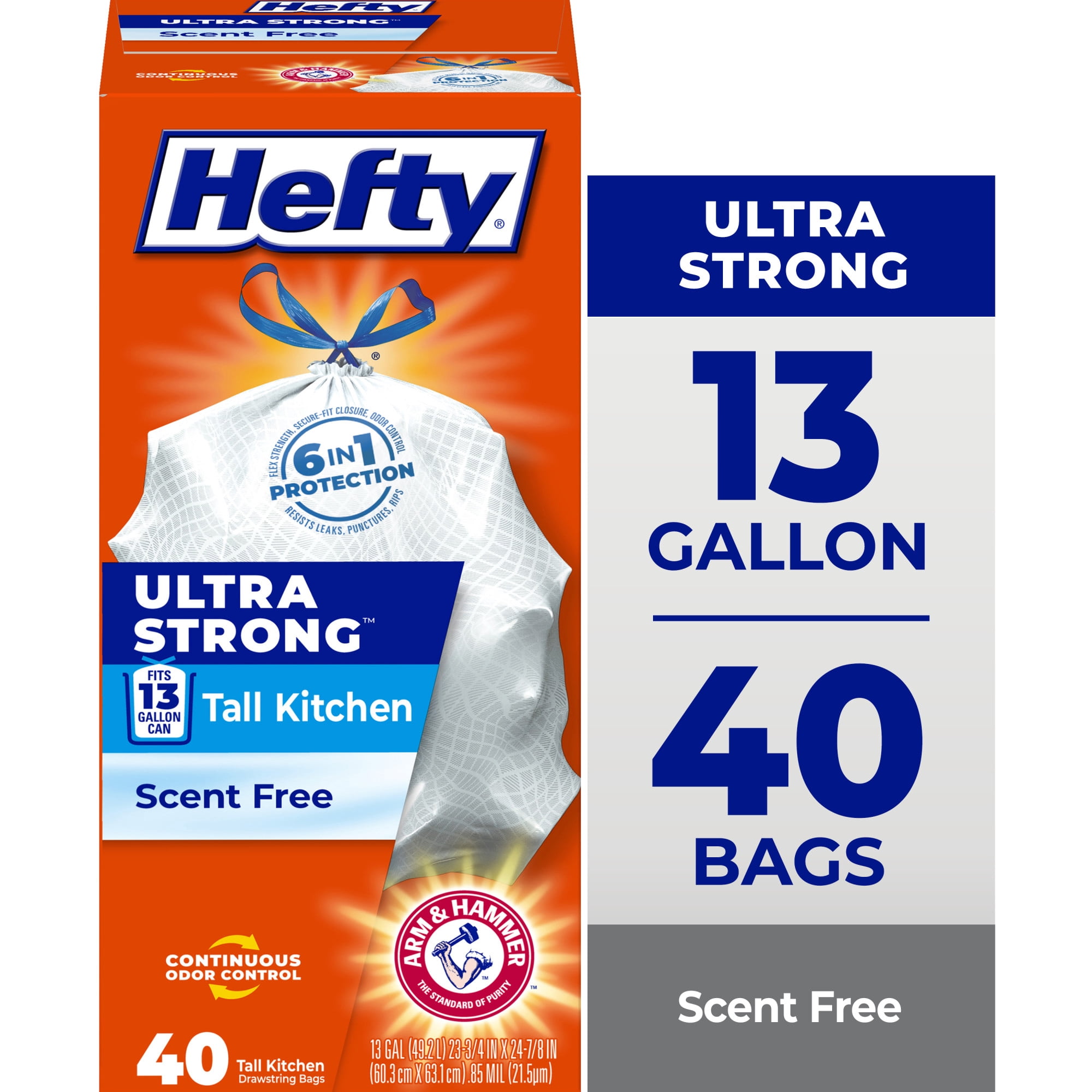 (6 pack) Hefty Ultra Strong 13 Gallon Trash Bags, Tall Kitchen Trash Bags, White, Unscented, 40 Bags