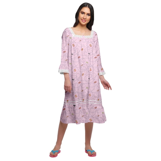 Moomaya Robe de Nuit en Coton à Manches Longues à Encolure Carrée Imprimée pour Femmes