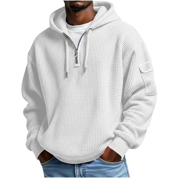 Fewfanhot Mens Sweatshirt Pullover Quarter Casaul Long Sleeve Drawstring Waffle Knit Hooded Sweatshirt With Pocket
