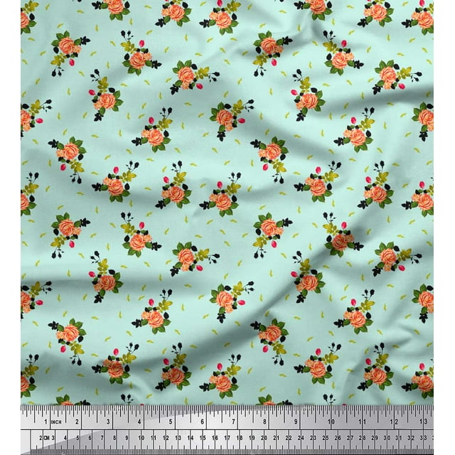 Soimoi Vert Poly Georgette Tissu Feuilles & Roses Grandiflora Imprimé Floral Tissu par Yard 52 Pouces de Large