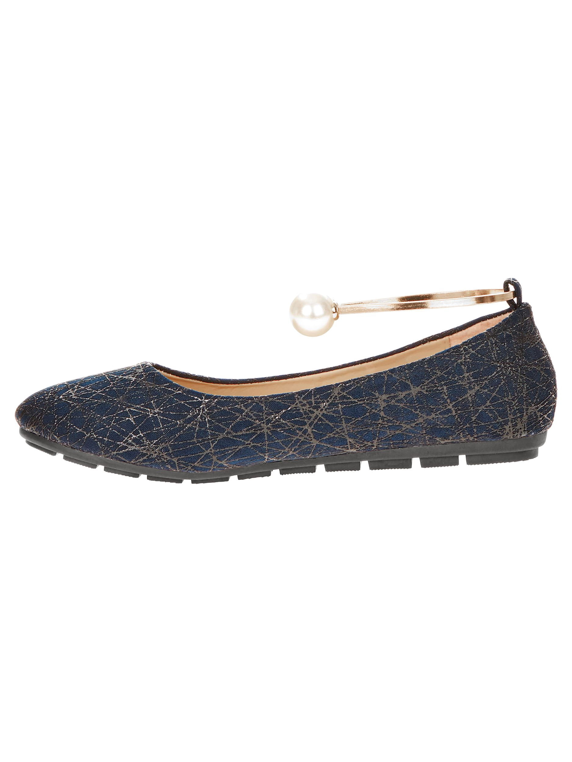 Victoria K Women's Retro Print With Pearl And Gold Ornament Ankle Bracelet Ballet Flats