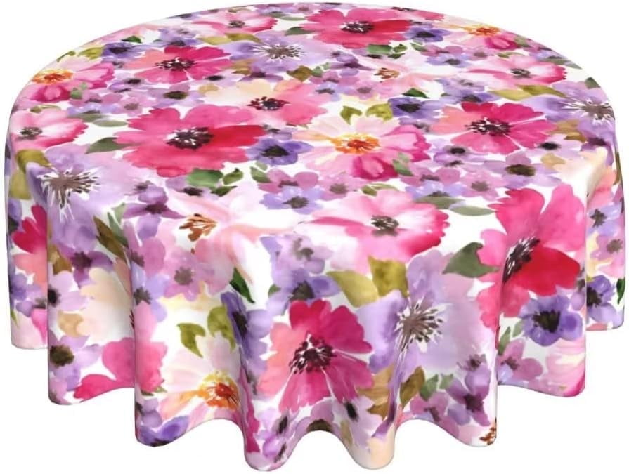 Spring Floral Tablecloth 60 Inch Round, Spring Summer Watercolor Flower Tablecloths Stain Resistance Polyester Floral Table Cloth for Parties Kitchen Dining Indoor Outdoor