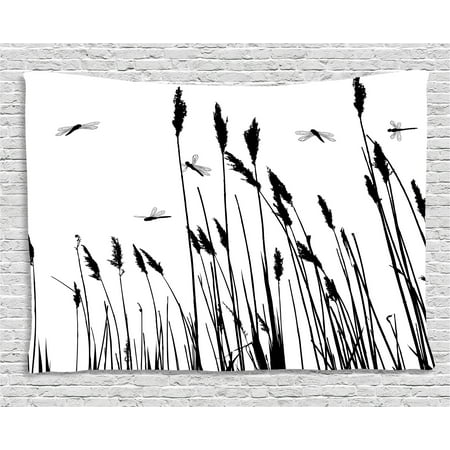 Summer Harvest Wall Tapestry (Dragonfly Tapestry, Wheat Field Autumn Agriculture Background Nature Harvest Bush Herbs Theme Art, Wall Hanging for Bedroom Living Room Dorm Decor, 80W X 60L Inches, Black White, by)