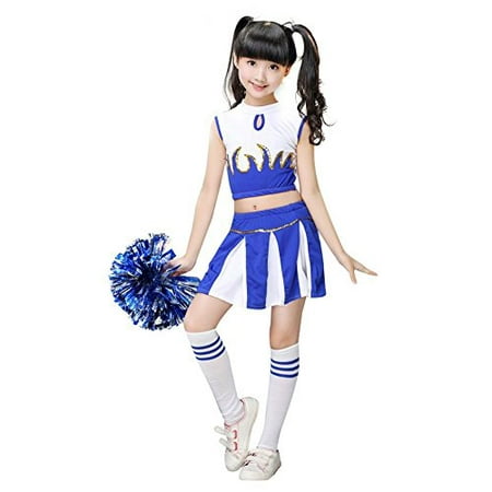 Girls Cheerleader Costume School Child Cheer Costume Outfit Carnival Party Halloween Cosplay with Match Pom poms (130/7-8 Yea